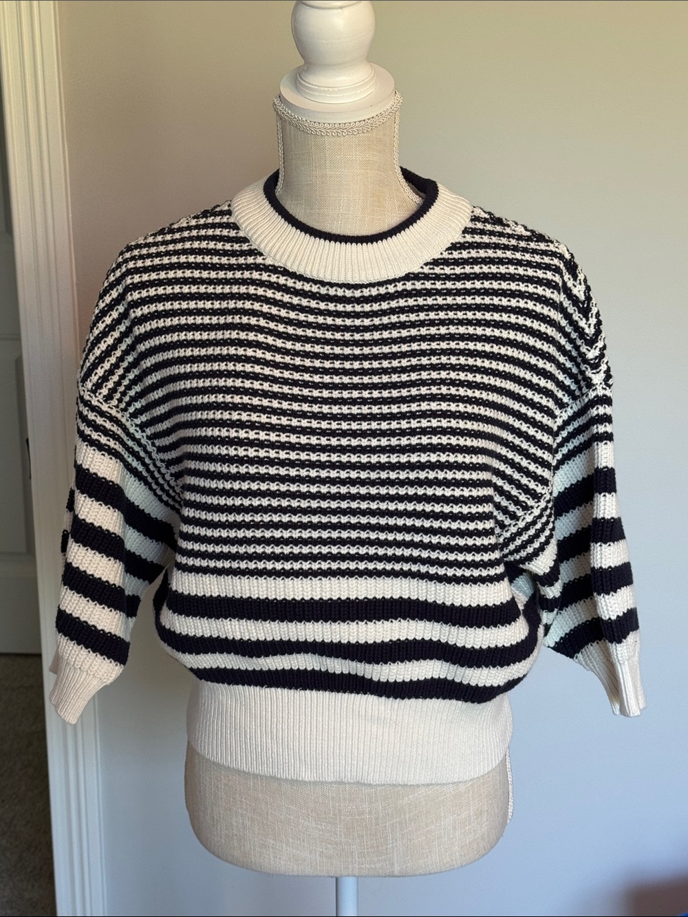 Ann Taylor Blue and Ivory Striped Crewneck Sweater